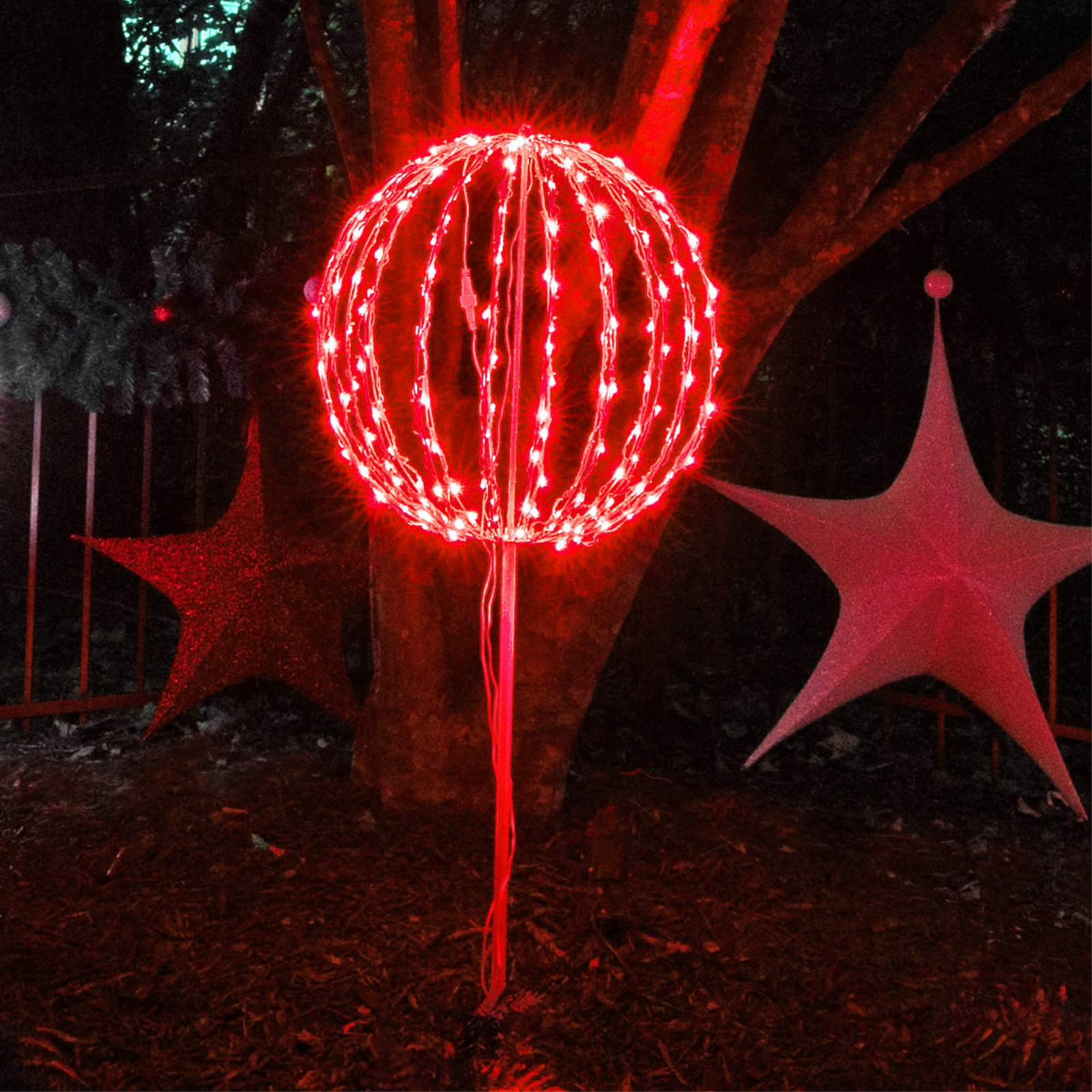 Fold-Flat LED Metal Sphere Light, Red, 12" H x 12" W x 12" D