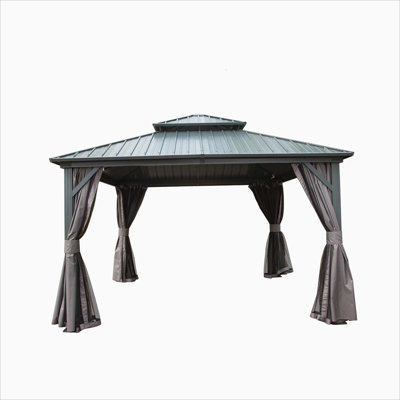 Pavillon de jardin à toit rigide de 12 pi x 12 pi, pavillon en métal et aluminium avec double toit en acier galvanisé, rideau et filet, pavillon de pavillon permanent pour patio, cour arrière, terrasse, pelouse