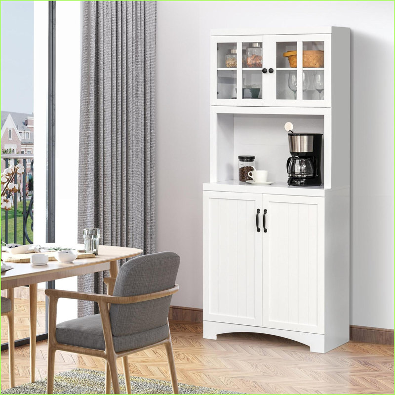 Huche de cuisine avec portes en verre, tablettes réglables et amp; Espace pour micro-ondes, blanc cassé | Panneau de fibres à densité moyenne | Cottage
