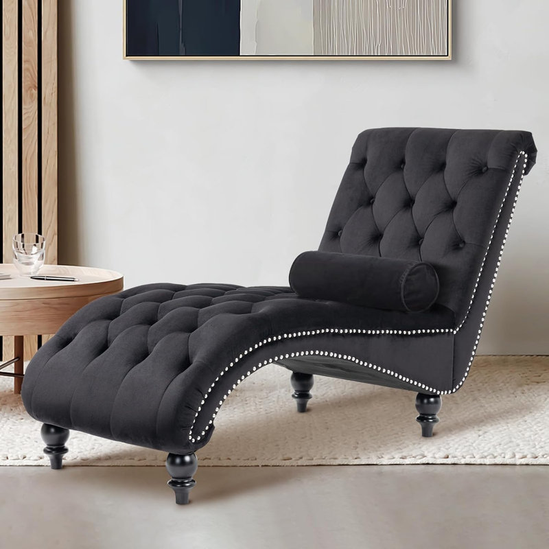 Chaise longue capitonnée en velours, Noir, noir, noir, noir