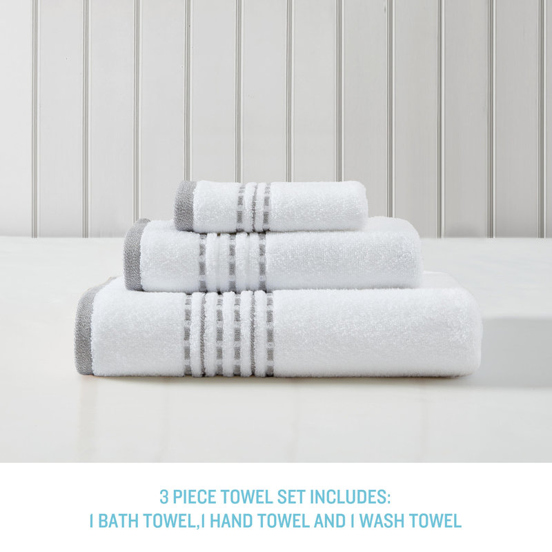 Cliff Side Cotton 3 Piece Towel Set, White/Gray