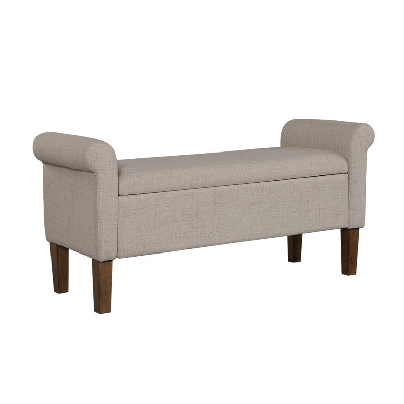 Cream Upholstered Storage Bench with Rolled Armrests