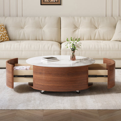 Table basse ronde et mobile avec roulettes et 2 tiroirs