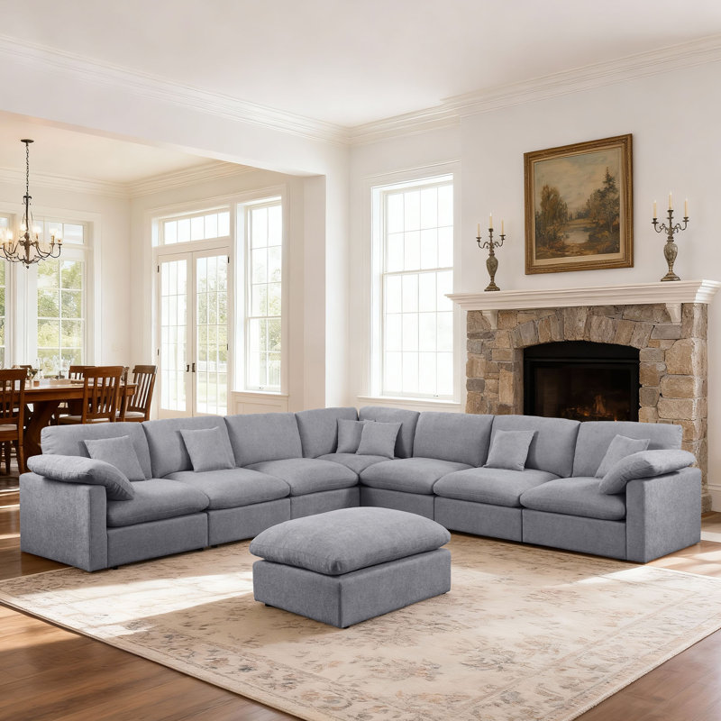 Aldora Oversized Corner Sectional Sofa With Removable Ottomans Sectional Chenille Sofa Cloud Couch, Gray Chenille