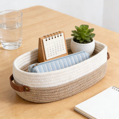 Cotton Rope Woven Storage Basket With Handles, 2-Pack Foldable Decorative Basket For Bathroom, Living Room, And Bedroom Organization
