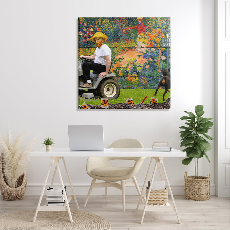 «Van Gogh Gardening Flowers Farmer Dog Collage» par Incado - impression, L 36 po x L 36 po, Plaque murale