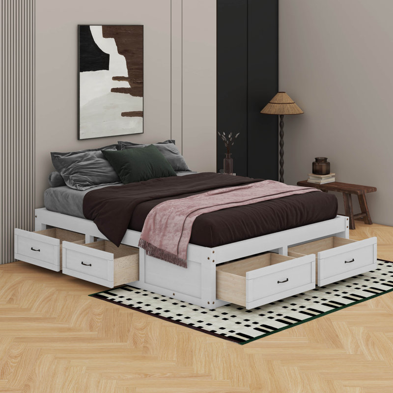 Lit plateforme avec 6 tiroirs, Grand lit, Blanc antique
