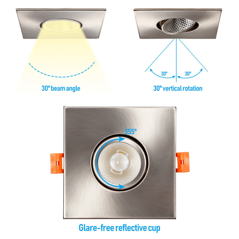 Luminaire encastré à DEL à cardan 3 pouces avec boîte en J, encastré carré à intensité variable, 7 W (50 W Eqv.), Blanc doux 2700 K, nickel satiné
