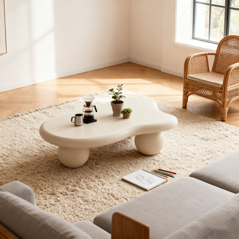 Cloud Shaped Coffee Table, Low Coffee Table with 3 Ball Legs for Living Room, 11.70" H x 40" L x 26.8" W, Cream White