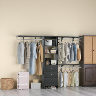 Wardrobe Storage Rack With 3 Drawers, Shelves, And Extendable Hanging Rod