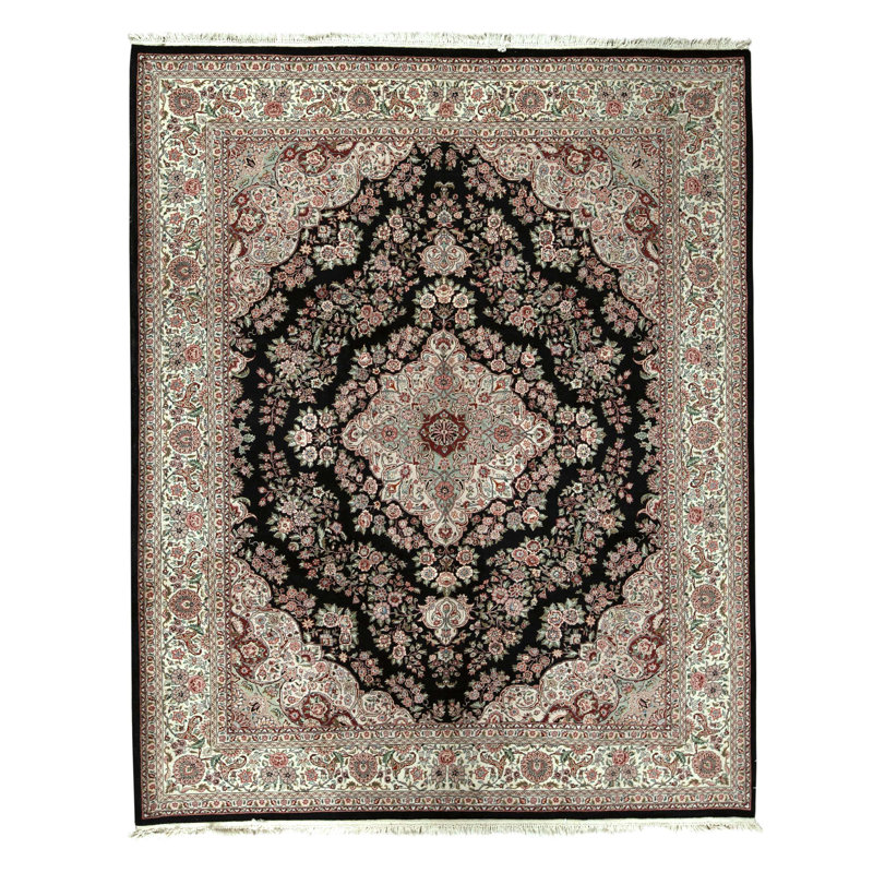 Hand Knotted Wool Oriental Area Rug in Black And Ivory