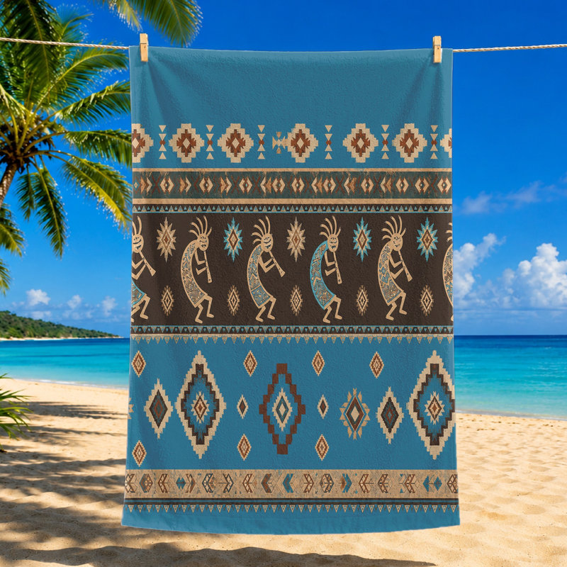 1 serviette de plage d'inspiration amérindienne de 1 pièce, avec des figurines de Kokopelli et des motifs tribaux dans une palette bleu-brun. Grande microfibre, idéale pour la piscine, les voyages, unisexe.