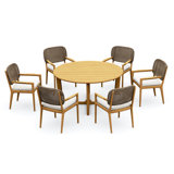 6 Seats 7 Pcs Grade-A Teak Wood Dining Set: 60" Sema Round Table And 6 Akyee Arm Chairs #11AK3406