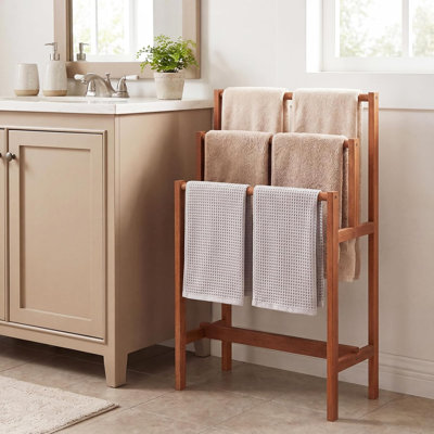 Free Standing Towel Rack, 3-Tier Solid Wood Bath Towel Drying Rack for Bathroom, Blanket Holder Stand for Living Room, Laundry, Outdoor Pool Side
