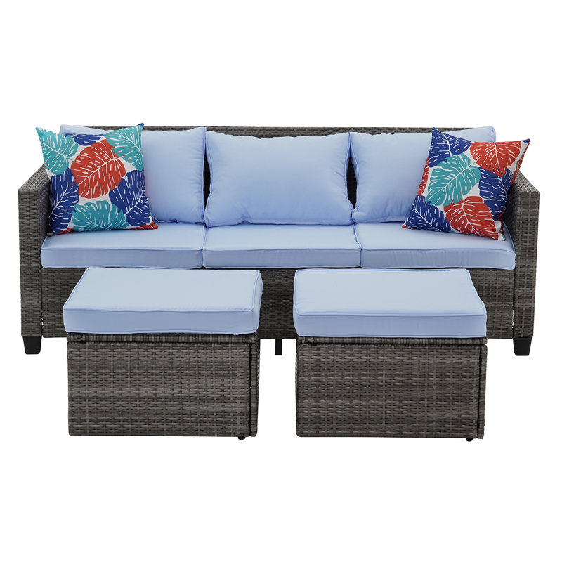 Canapé d'extérieur en rotin 3 pièces Gdy, Coussin bleu marine