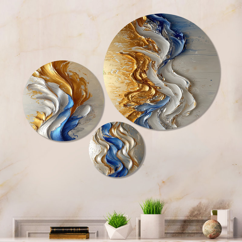 Ensemble de 3 décorations murales en métal «Rhoryic Golden Ink Waves Fusion I - Maze»
