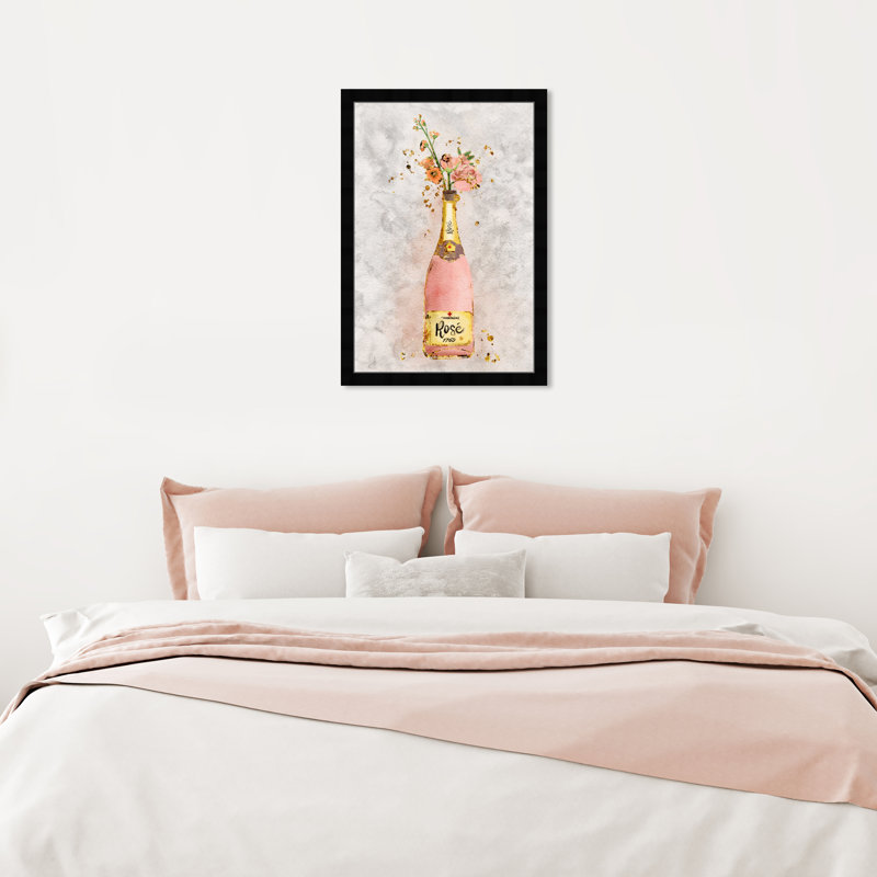 Champagne Rosado - peinture sur toile, H 26 po x l 18 po, Papier avec cadre noir