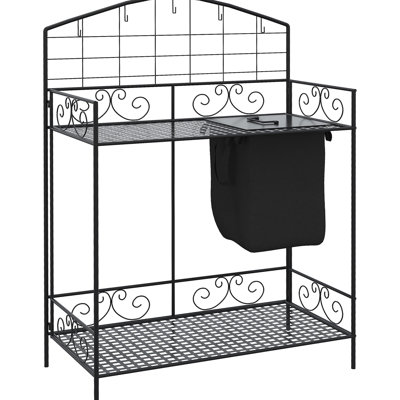 Portable Potting Bench, Metal Garden Workstation With Large Bag & Cover, 5 Hooks And Shelf, Ergonomic For Leisure Gardening, Black Foldable Desk, Built-in Soil Hanging Storage Comfortable Planting,