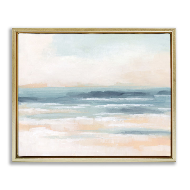 «Pastel Beach Coast», art mural encadré sur toile flottante par June Erica Vess, Cadre flottant métallique doré