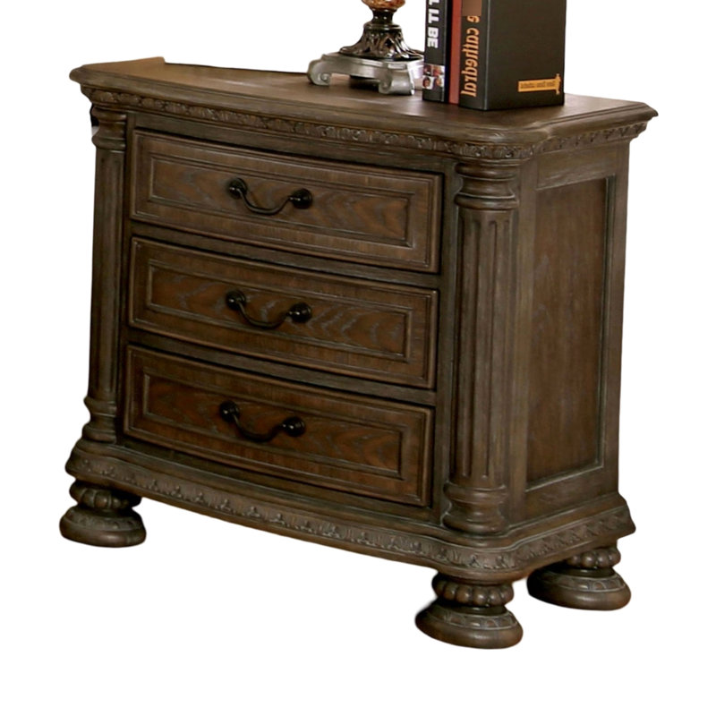 Table de chevet rustique en bois massif avec 3 tiroirs et poignée en bronze