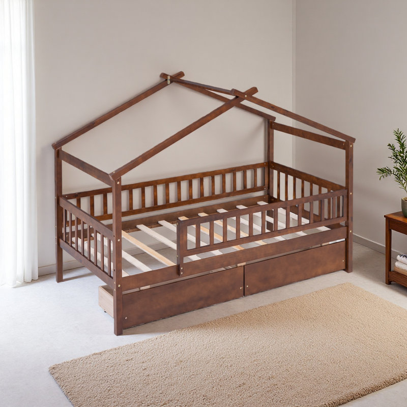 Twin Size Wooden House Bed With Two Drawers, Walnut