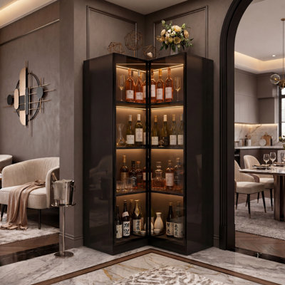 63'' H Corner Bar Cabinet With Glass Doors And 3-Color LED Lights