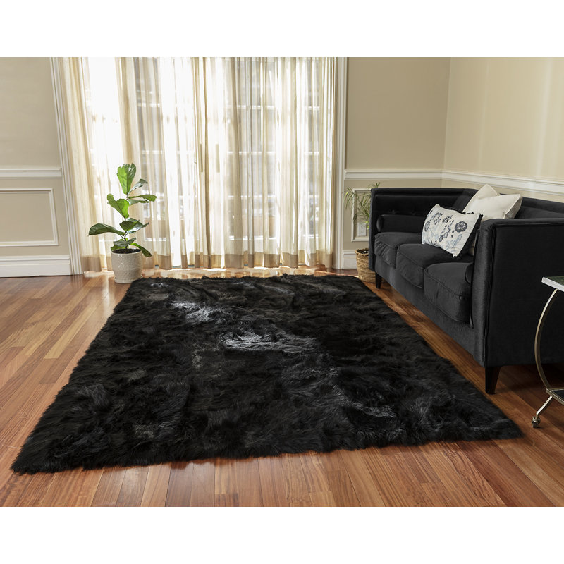 Tapis noir à poils longs lavable en fausse fourrure, Rectangulaire 2 pi x 3 pi