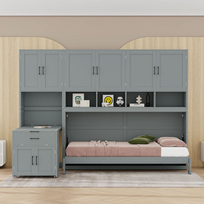 Lit escamotable simple en bois avec placard, tiroirs et bureau
