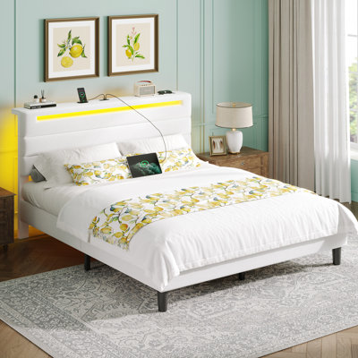 Platform Bed with Upholstered Headboard ,Bed Frame with LED lights and Charging Station