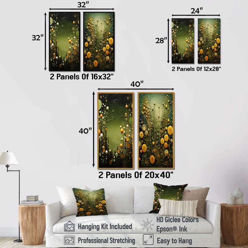 Ensemble de salon vert et jaune avec plantes abstraites botaniques II - Portraits abstraits, Toile tendue, H 28 po x l 25 po
