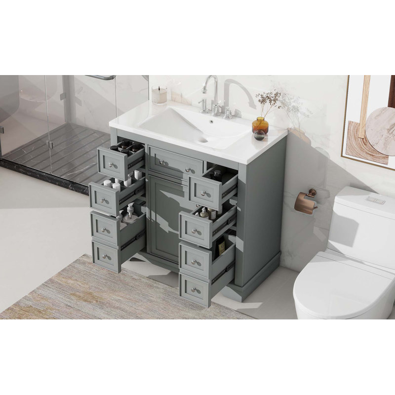 Ensemble de meuble-lavabo 36 po avec lavabo, 1 armoire et 6 tiroirs, Gris