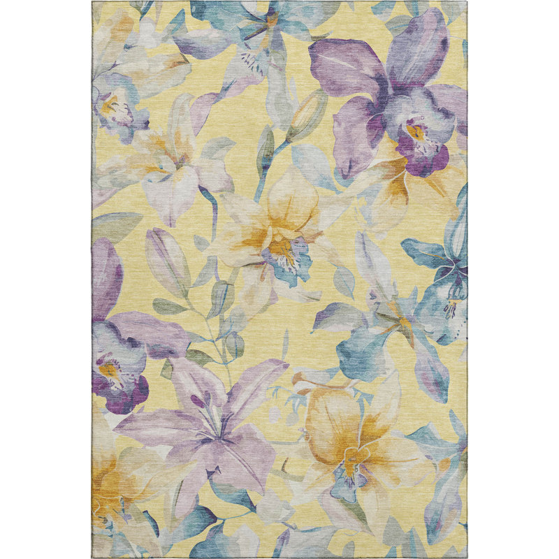 Premium Machine Washable Mayfield AMF2262 Floral Rug, Yellow, 3' x 5'