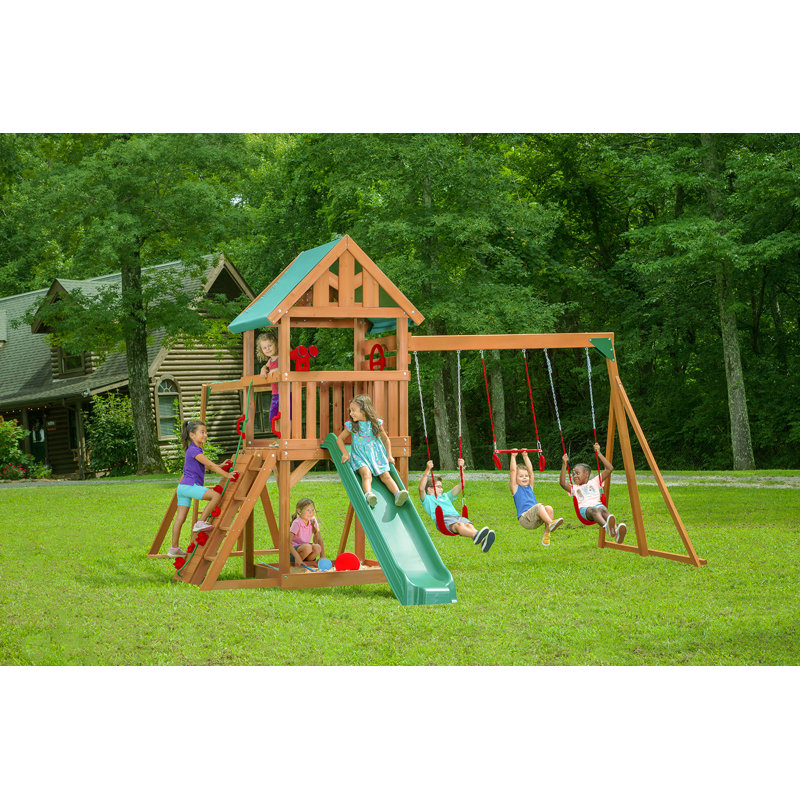 Ensemble de jeu Mountain View avec toit bâche et accessoires multicolores, glissade verte, Rouge
