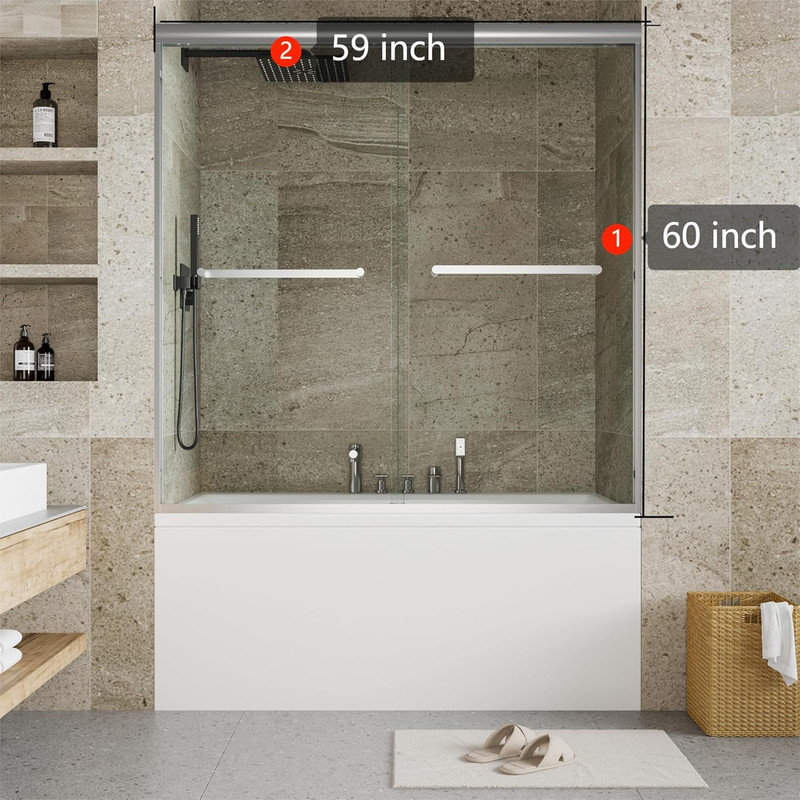 Frameless Sliding Shower Door 55-59" W,  Tempered Glass with Explosion-Proof Film, Satin Nickel