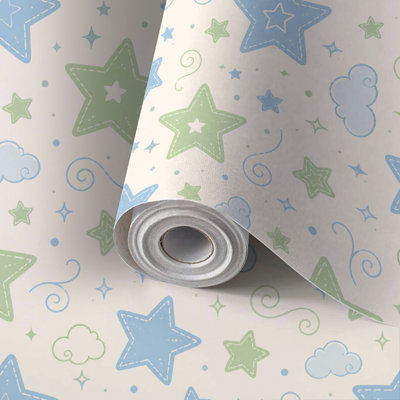 Family Renter Friendly Peel and Stick Wallpaper Roll Playful Blue Green Stars Clouds, Residue Free Removable Self Adhesive Wall Covering for Living Room Bedroom Kitchen Accent Wall