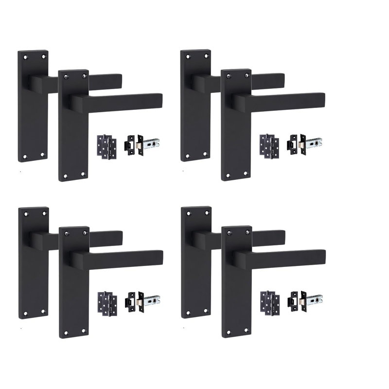  4 Sets Victorian Straight Delta Door Handles in Matt Black with 1 Pair of 3" Ball Bearing Hinges & Latches Pack - 150mm x 40mm Backplate