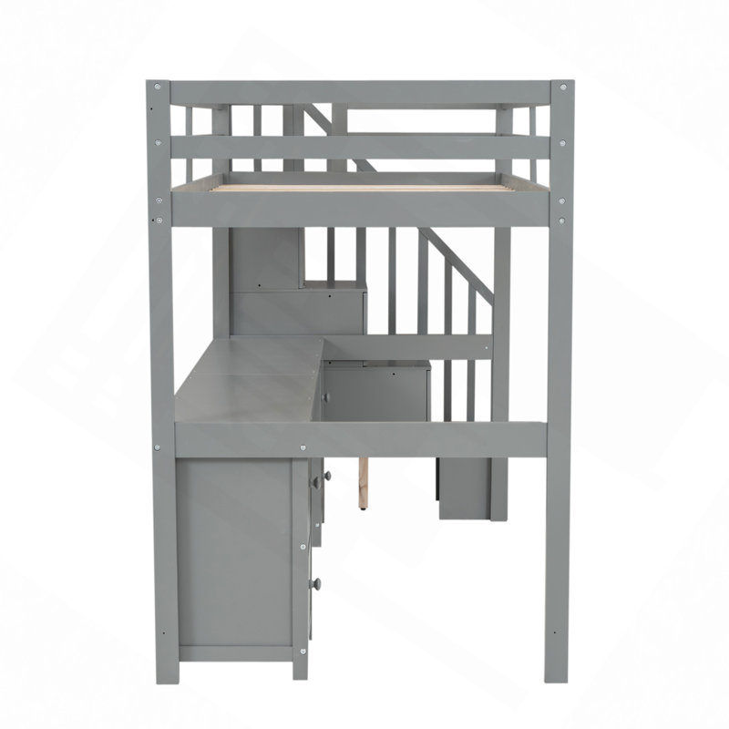 Structure de lit simple de taille mezzanine avec bureau intégré et tiroirs de rangement doubles, Gris