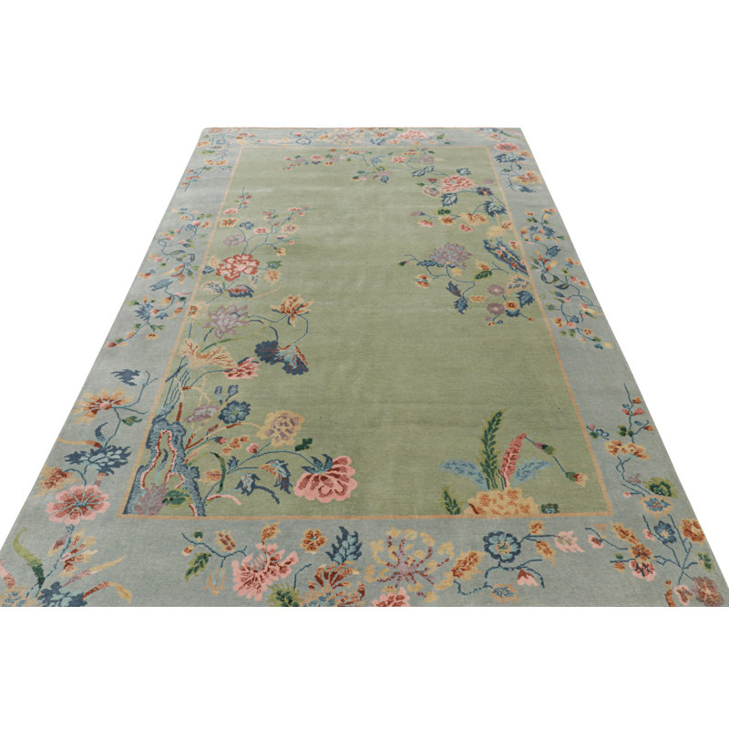 Art Deco Hand Knotted Wool Floral Area Rug, Rectangle 13' x 19'