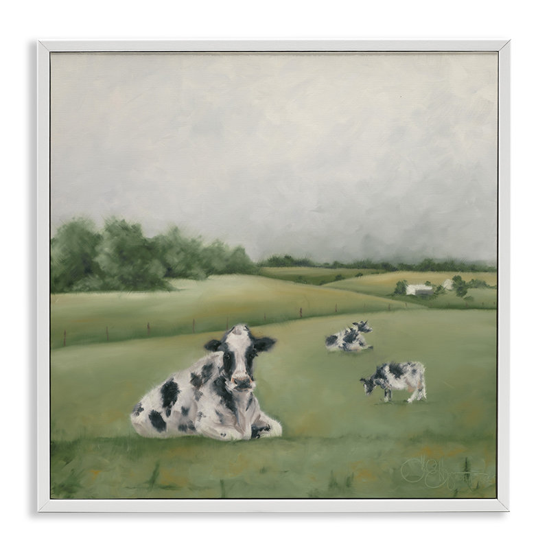 Vaches laitières broutant - peinture sur toile, Giclée encadrée blanc bord de mer, H 24 po x l 24 po