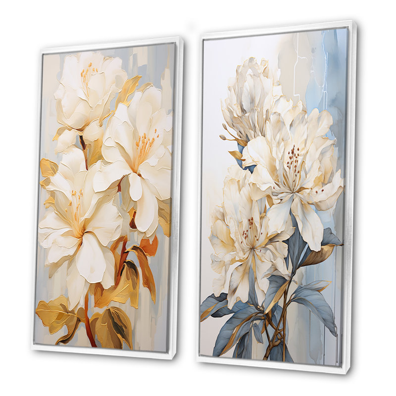 Fleurs de bouquet de rhododendrons simples - ensemble d'art mural sur toile rhododendron de 2, Cadre flottant blanc