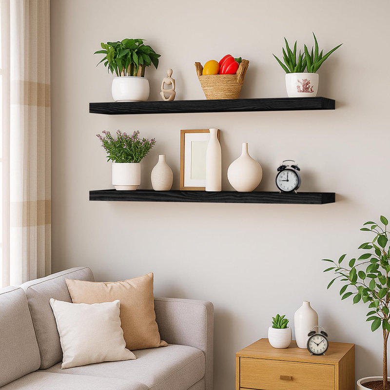 Solid Wood Floating Shelves，Rustic Wooden Wall Shelves, 1.25" H x 36" W x 6.7" D, Black