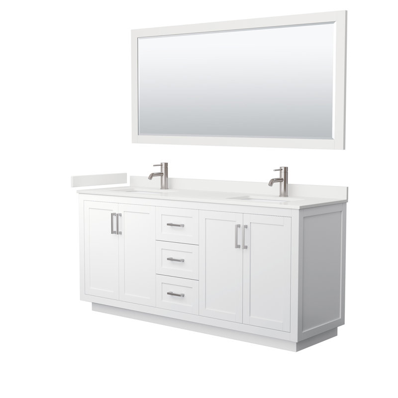Ensemble de meuble-lavabo double autoportant 72 po avec plateau en quartz Miranda, Quartz blanc, Blanc, Nickel brossé