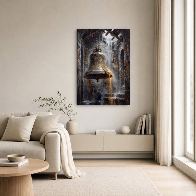 Art mural en toile Cracked Bronze Bell in Rainy Stone, H 30 po x l 20 po