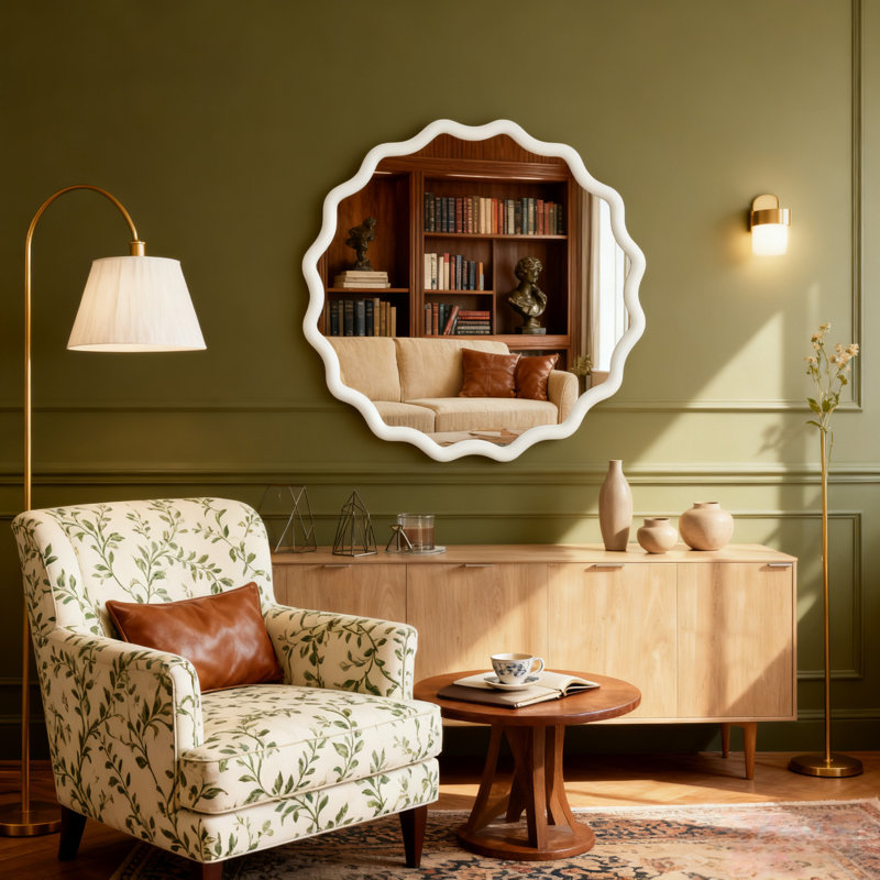 Miroir décoratif rond en bois massif Wavy, Blanc, 36 po x 36 po