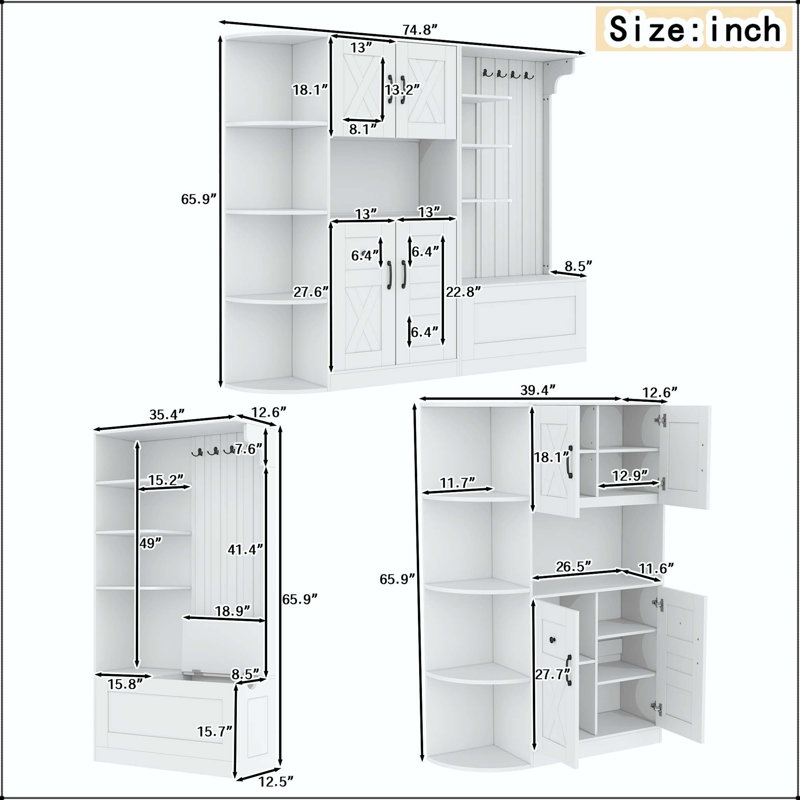 Multifunctional Left-Right Hall Cabinet with 4 Hooks, Antique Blue