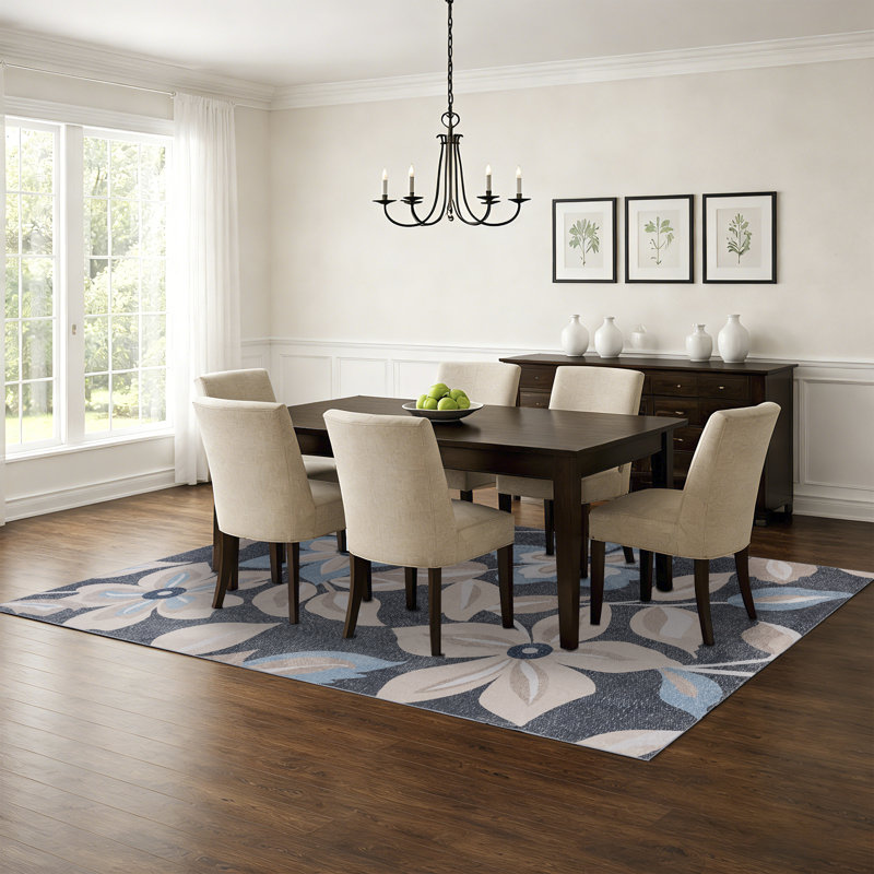 Machine Washable Boho Floral Area Rug Non-Slip Backing Charcoal Blue/Beige Indoor Carpet for Living Room, Bedroom, Hallway Runner