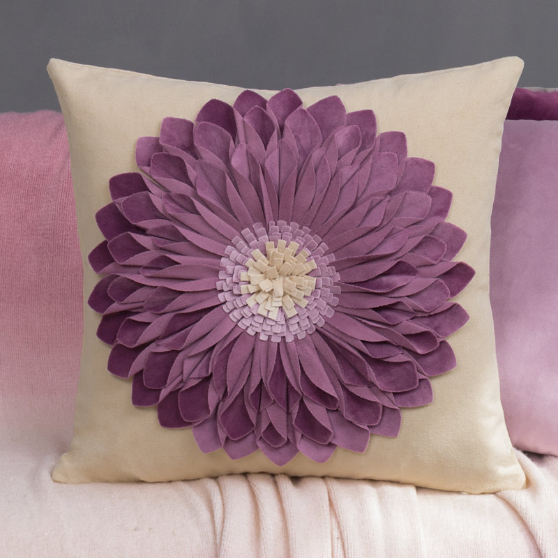 Appliqued Floral Accent Pillow Cover Sunflower Decorative Throw Pillow Case 18in, Purple/Beige