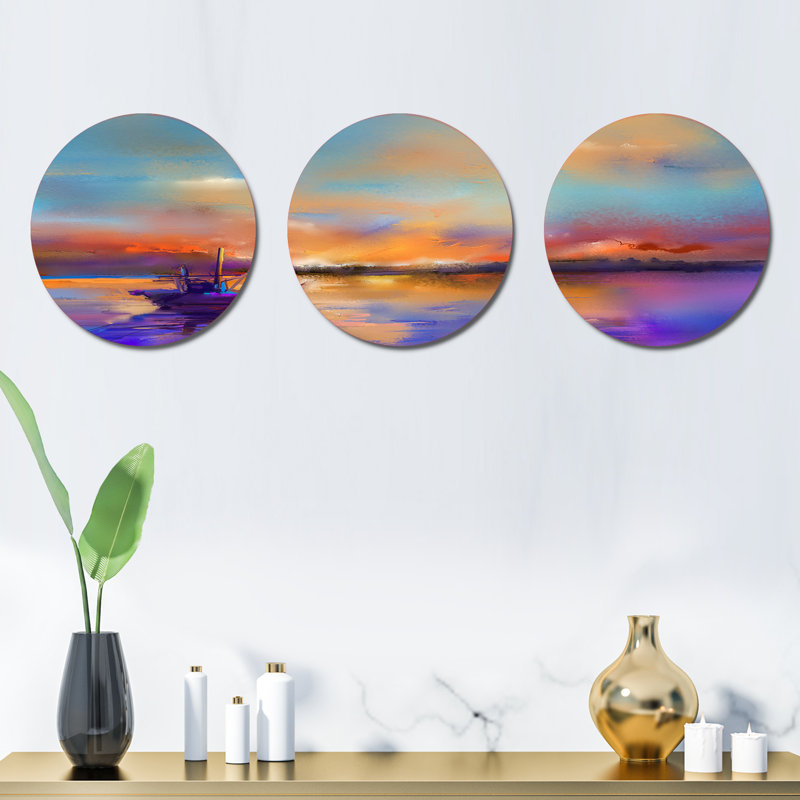 Ensemble de 3 décorations murales coucher de soleil avec petit bateau à l'horizon Horizon I