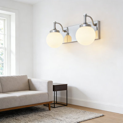 Modern Vanity Light Fixture With Milk Glass Shades - 2-Light Chrome Wall Sconce For Bathroom Mirror Lighting, Mid-Century Design