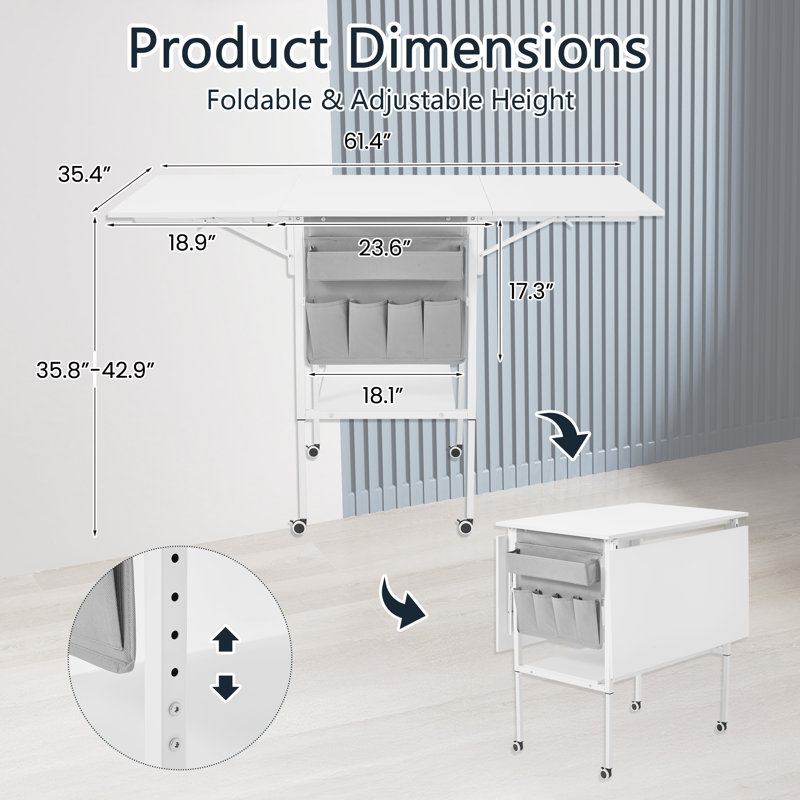 Table de bricolage pliable avec rangement, table de couture mobile avec 2 tablettes et poche latérale, table pliante Home Hobby pour salle de bricolage, hauteur réglable, blanc